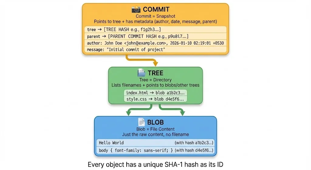 Git Objects - Blob, Tree, Commit relationship