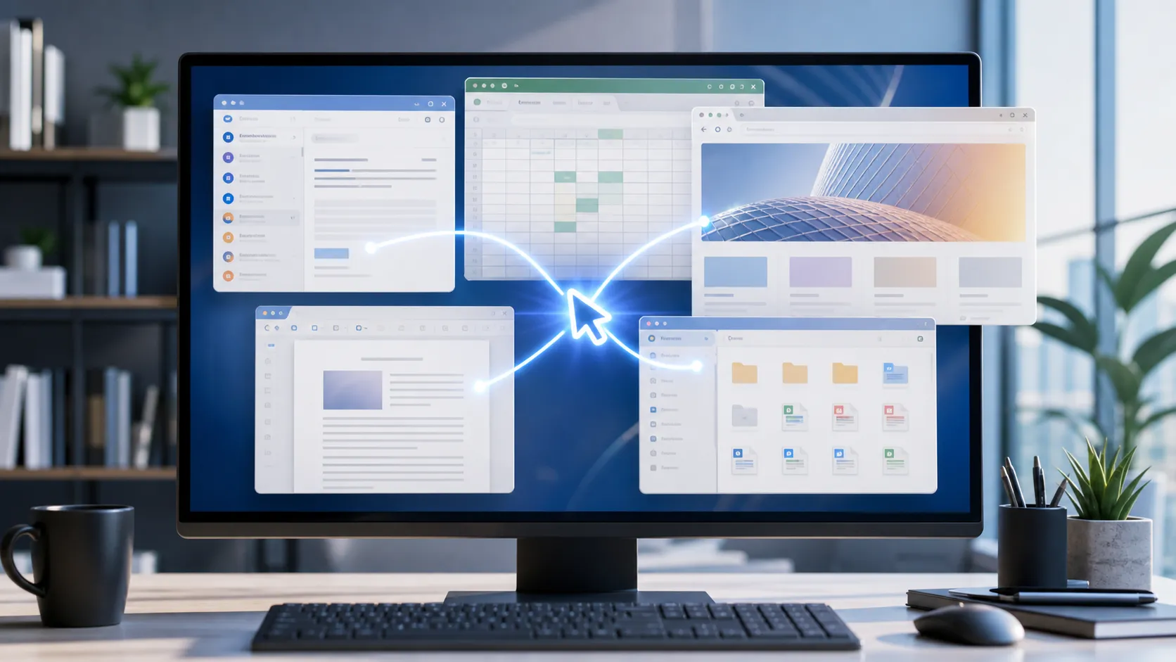 Hero visual: an AI cursor moving across multiple office apps